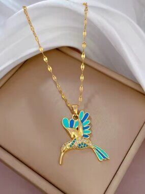 Blue Hummingbird Gold Pendant Necklace